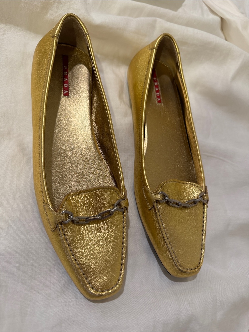 Prada Gold Leather Chain Accent Loafers - Excellent Condition Size 38.5